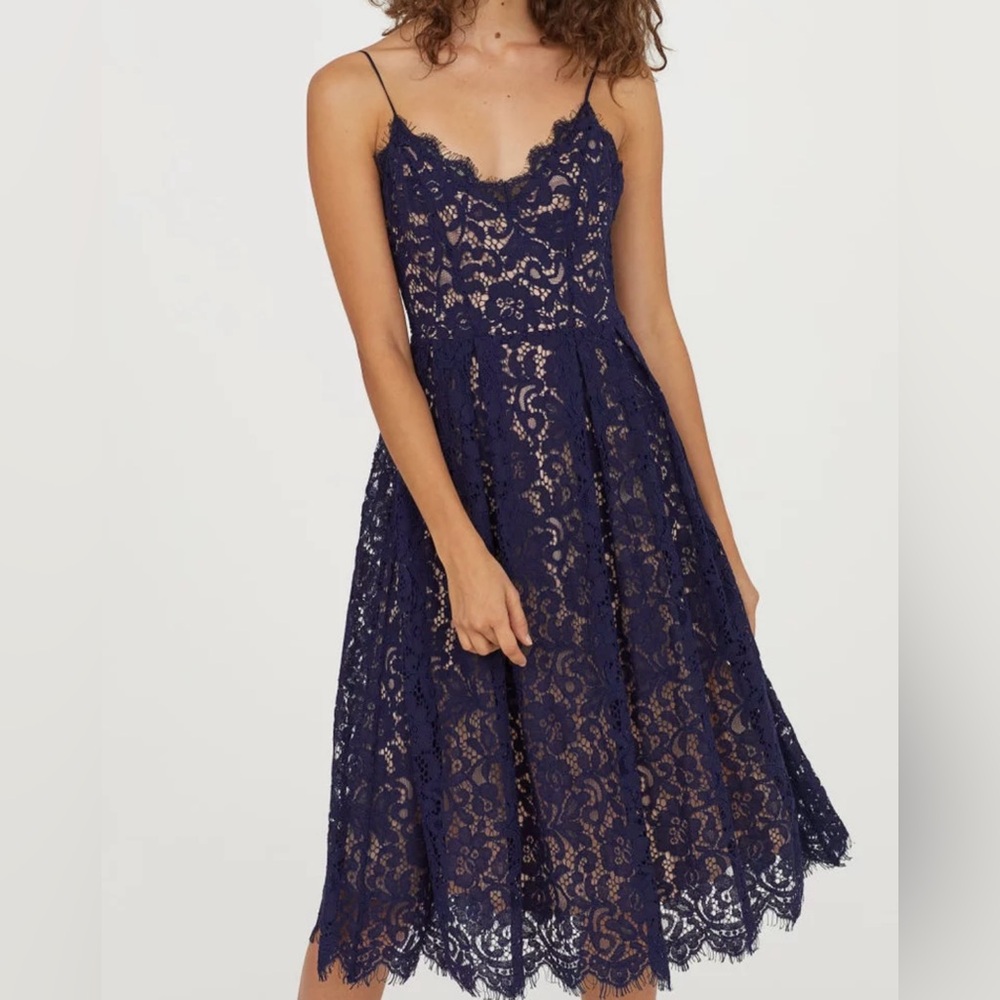 H&M Blue Tan Sleeveless A-Line Midi Dress